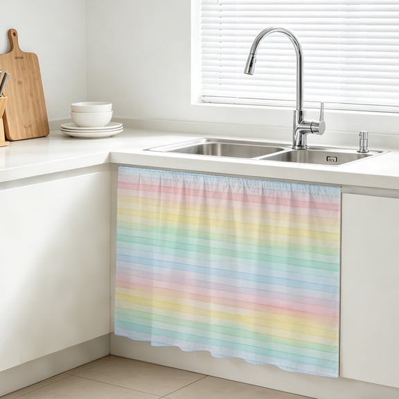 Rainbow Stripes Cabinet Curtains for Kitchen 10"W x 11"L, Pink Blue Green Yellow Watercolor Stripes Under Sink Skirt Magic Tape Short Curtain Decorative Privacy Panel for Bathroom Laundry