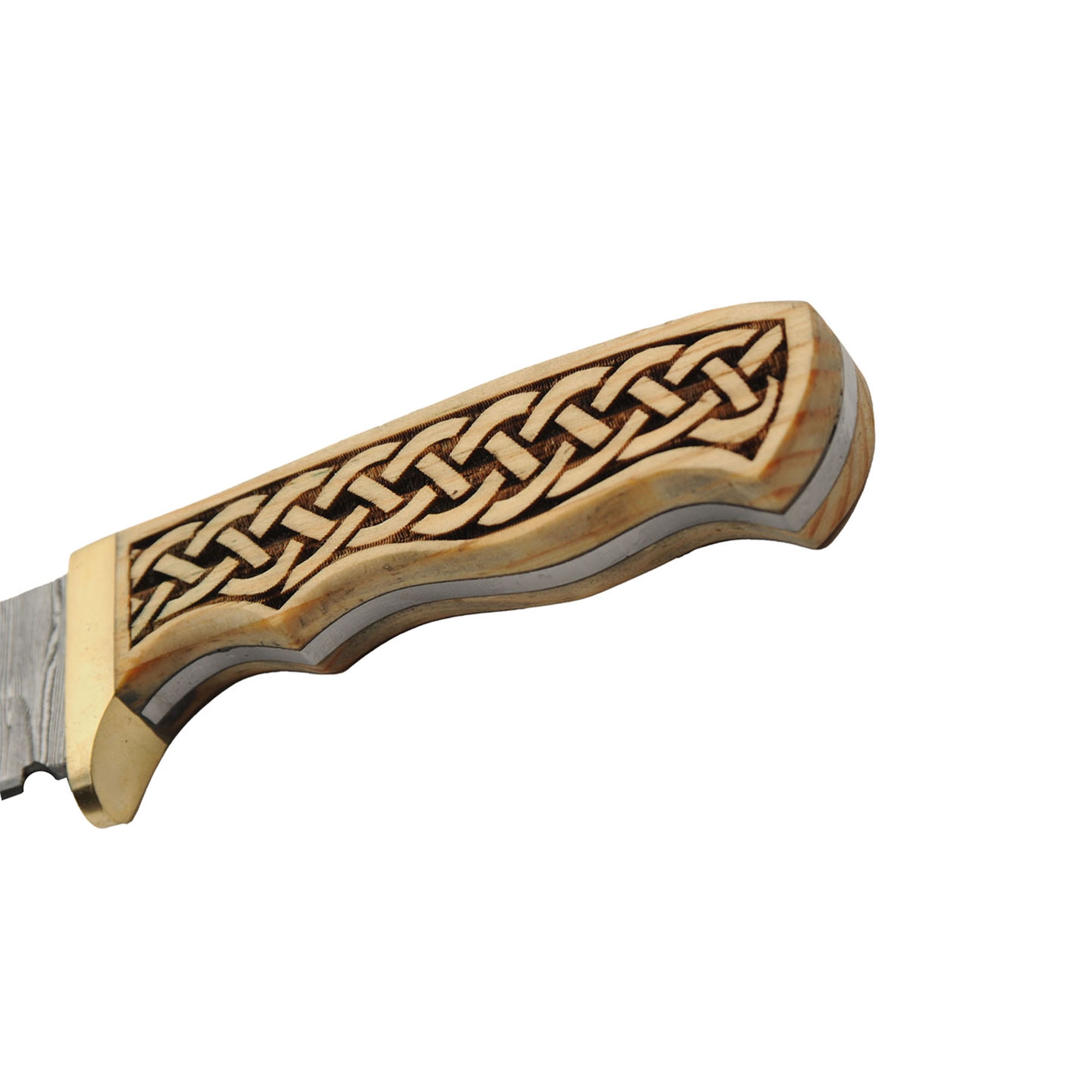 SANZ 8.25" Celtic Band Hunter Knife Damascus Steel Blade Full Tang Brass Guard Handle with Leather Sheath