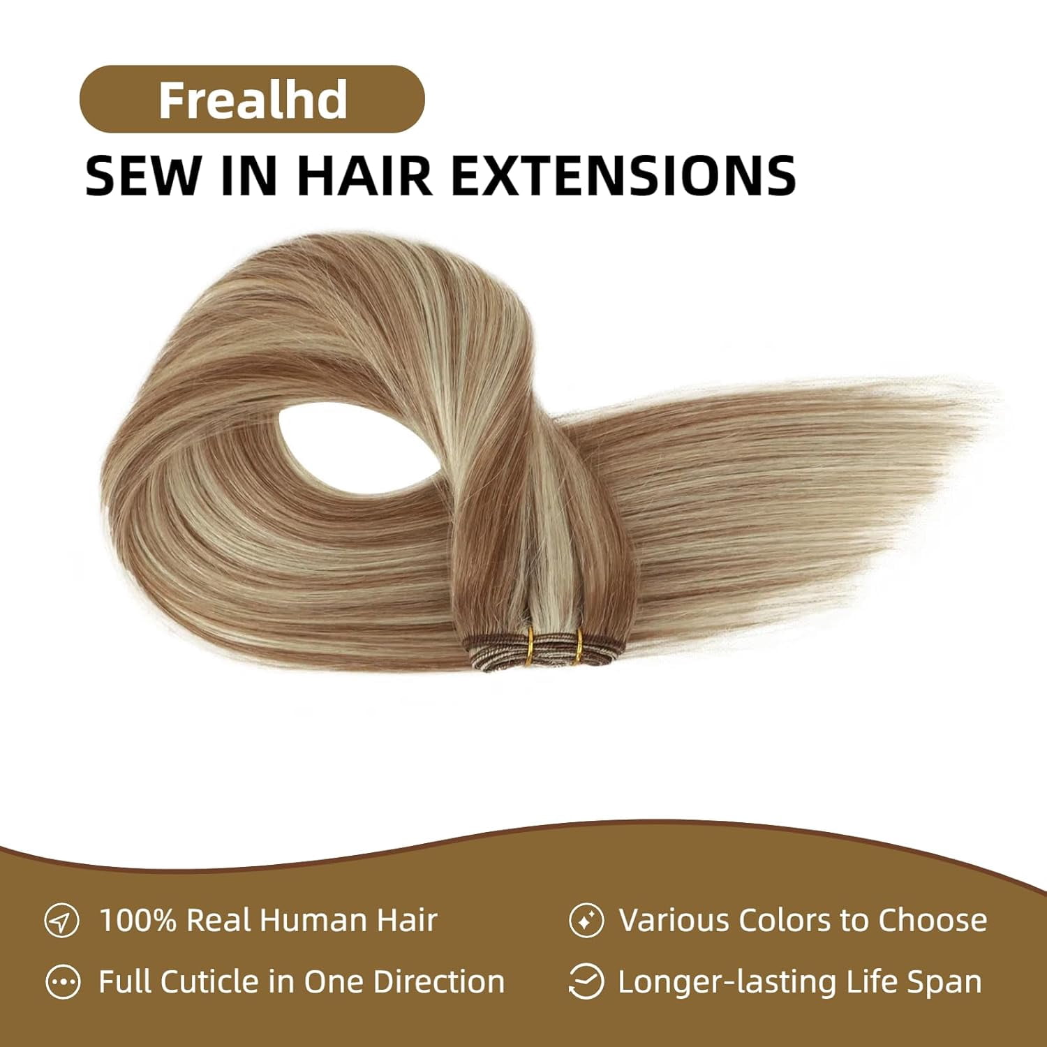 Sew in Hair Extensions Real Human Hair, 110g 20 inch Highlighted Color Ash Brown Mix with Platinum Blonde Hair Extensions Double Weft Remy Straight Weave Bundles Human Hair