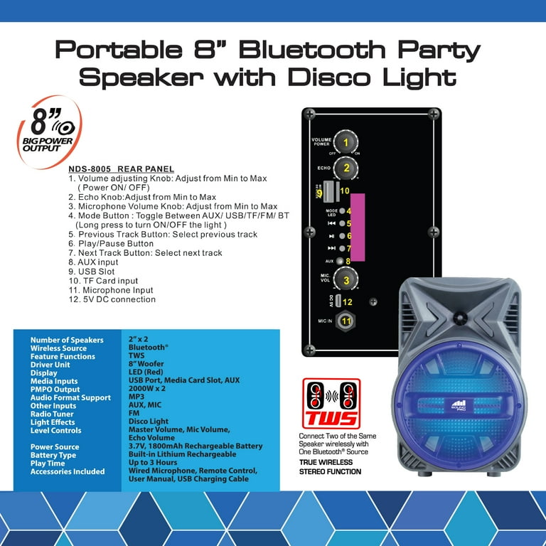 Don’t speak Listen. nanoSOUNDS Naxa Portable 8” Bluetooth® Party Speaker with Disco Light Black