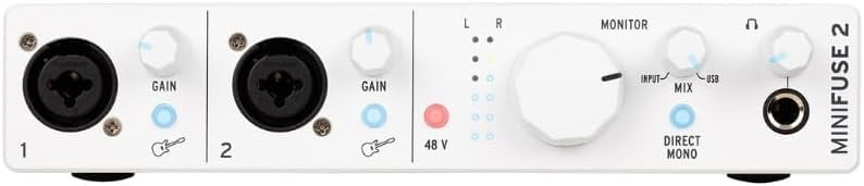 Arturia MiniFuse 2 Dual USB Audio Interface, White Bundle with 2x Pig Hog PHM10 8mm 10ft XLR Microphone Cable and Liquid Audio Instrument Polishing Cloth - Portable Audio Interface for PC, Mac