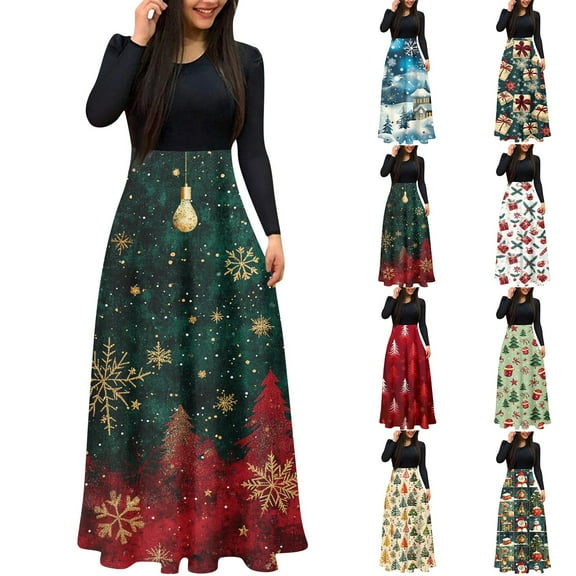 Christmas Dresses for Women Women's Fashion Casual Christmas Print Round Neck Long Sleeves Oversized Dress for Christmas Party,Army Green,L