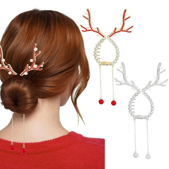 Christmas Ponytail Holders 2pcs Reindeer Rhinestone Pearl Hair Clips Hair Accessories(Red White)