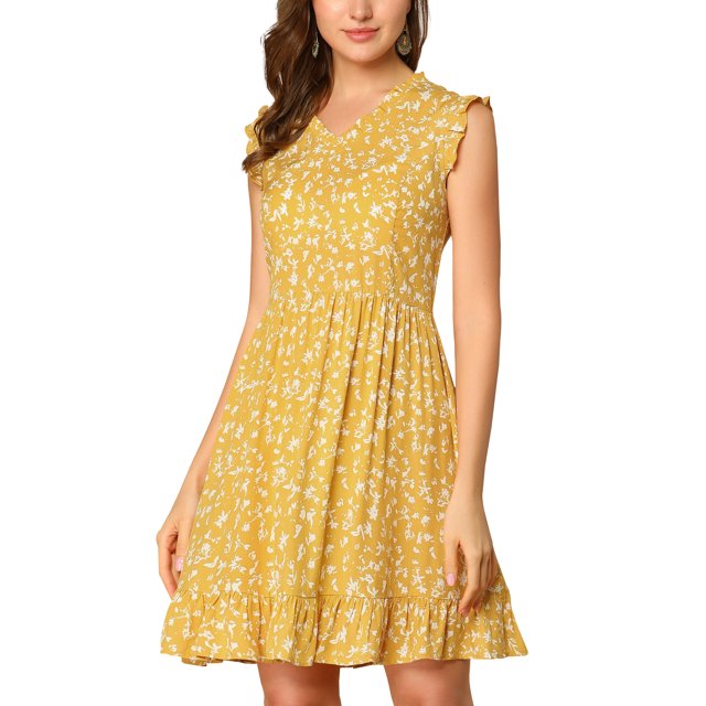 Vestido De Mujer Con Estampado Floral, Cuello En V, Sin Mangas, Con Volantes Y Dobladillo Amarillo M