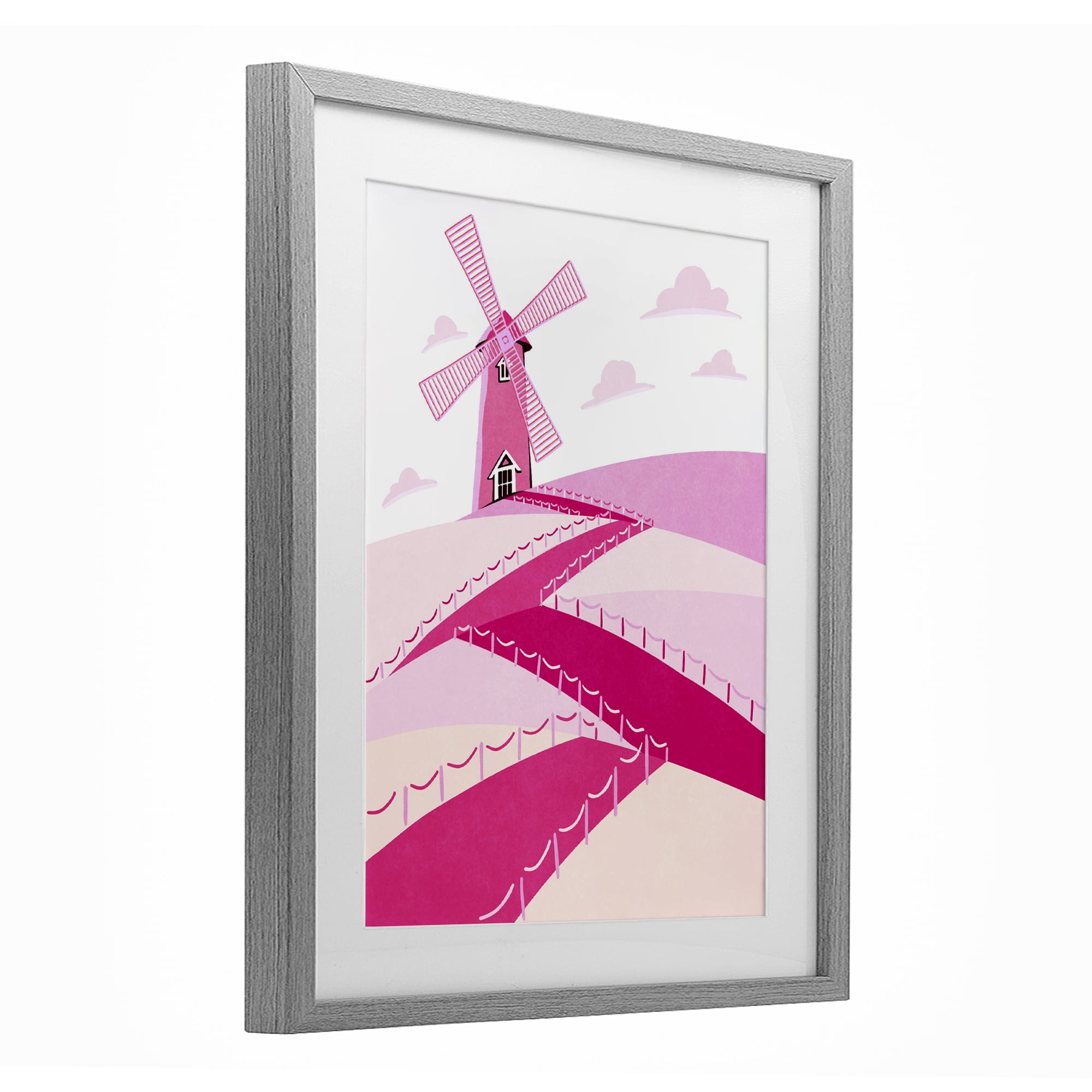 Pink Hills and Windmill Gray Framed Print Under Glass, design by Ziwei Li