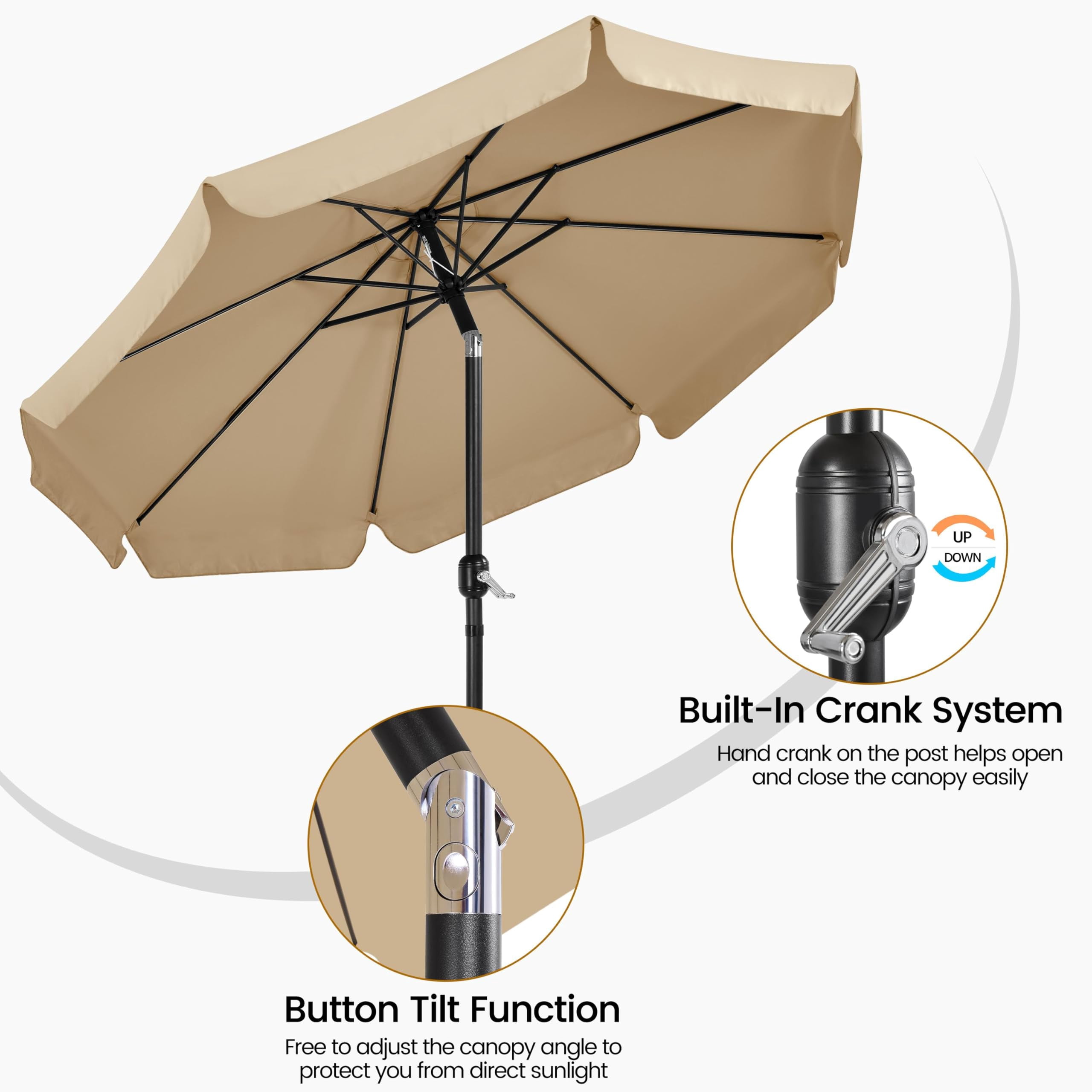 9ft outdoor patio umbrella, 8 ribs market umbrella with push button tilt and crank, durable canopy for garden deck balcony beach pool, brown