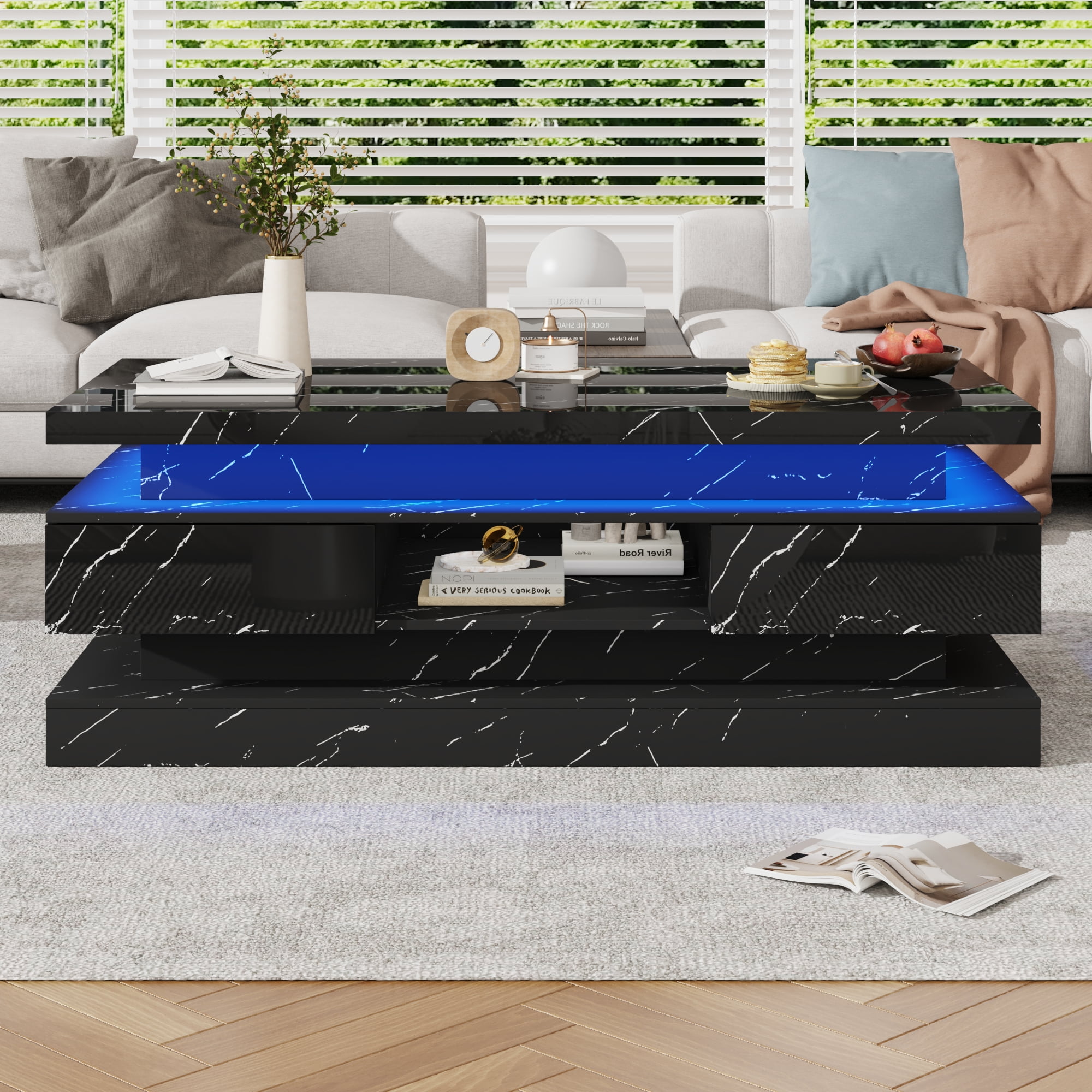 ChVans 47'' LED Coffee Table with 2 Storage Drawers, Modern High Gloss Black Coffee Table with Marbling Print, 3-Tier Rectangle Center Table for Living Room, APP Control