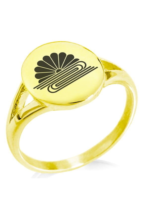 Stainless Steel Kusonoki Samurai Crest Minimalist Oval Top Polished Statement Signet Ring