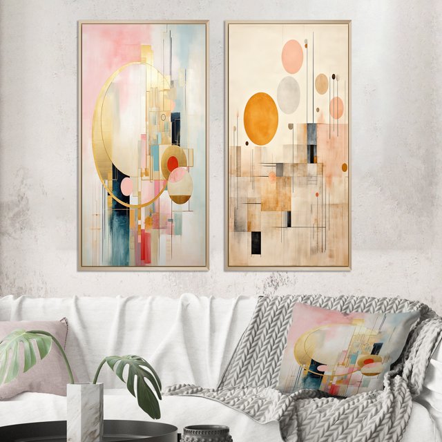 Designart "Retro Dreams Golden City II" Modern Geometric Framed Wall Art Set Of 2 - Modern Pink Frame Gallery Set For Office Decor