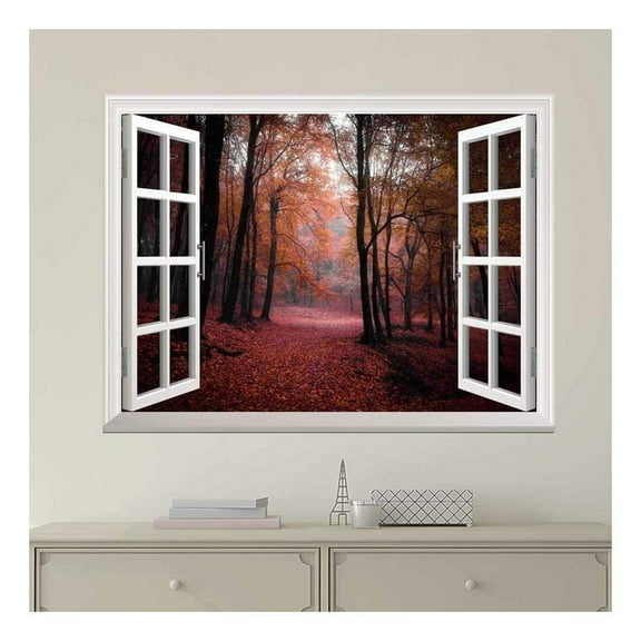 wall26 - Modern White Window Looking Out Into a Red Road That Leads to an Orange Forest - Wall Mural, Removable Sticker, Home Decor - 24x32 inches