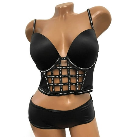 Victorias Secret Very Sexy Black Swarovski Long Line Push-Up Bra Bustier 36B with Cheeky Panty Set New