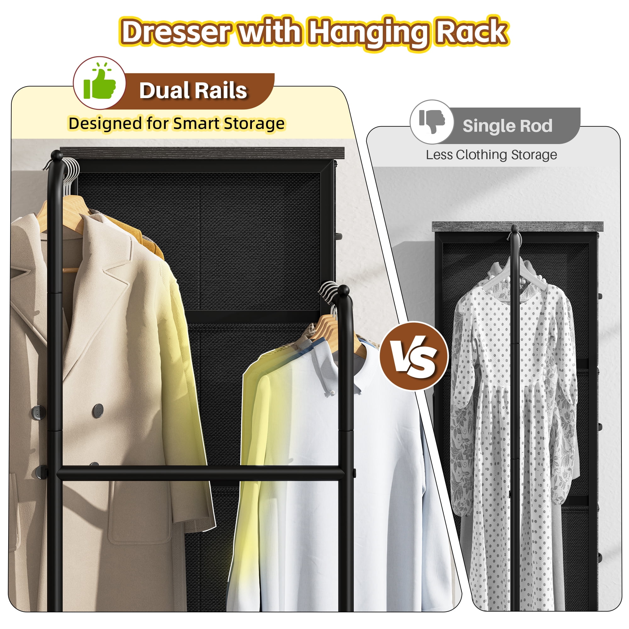 EnHomee Fabric Dresser with 2 Hanging Racks Small Dresser with 4 Drawers for bedroom Small Closet with Clothes Rack, Black