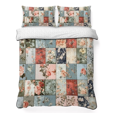 Spring Floral Twin Quilt Bedding Set Patchwork Style Flower Pattern Lightweight Comforter with 2 Pillow Shams Bedroom Bedspread Set Home Decor for All Seasons