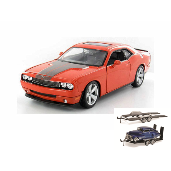 Diecast Car & Trailer Package - 2008 Dodge Challenger SRT8 Hard Top w/ Sunroof, Orange - Maisto 31280OR - 1/24 Scale Diecast Model Toy Car w/Trailer