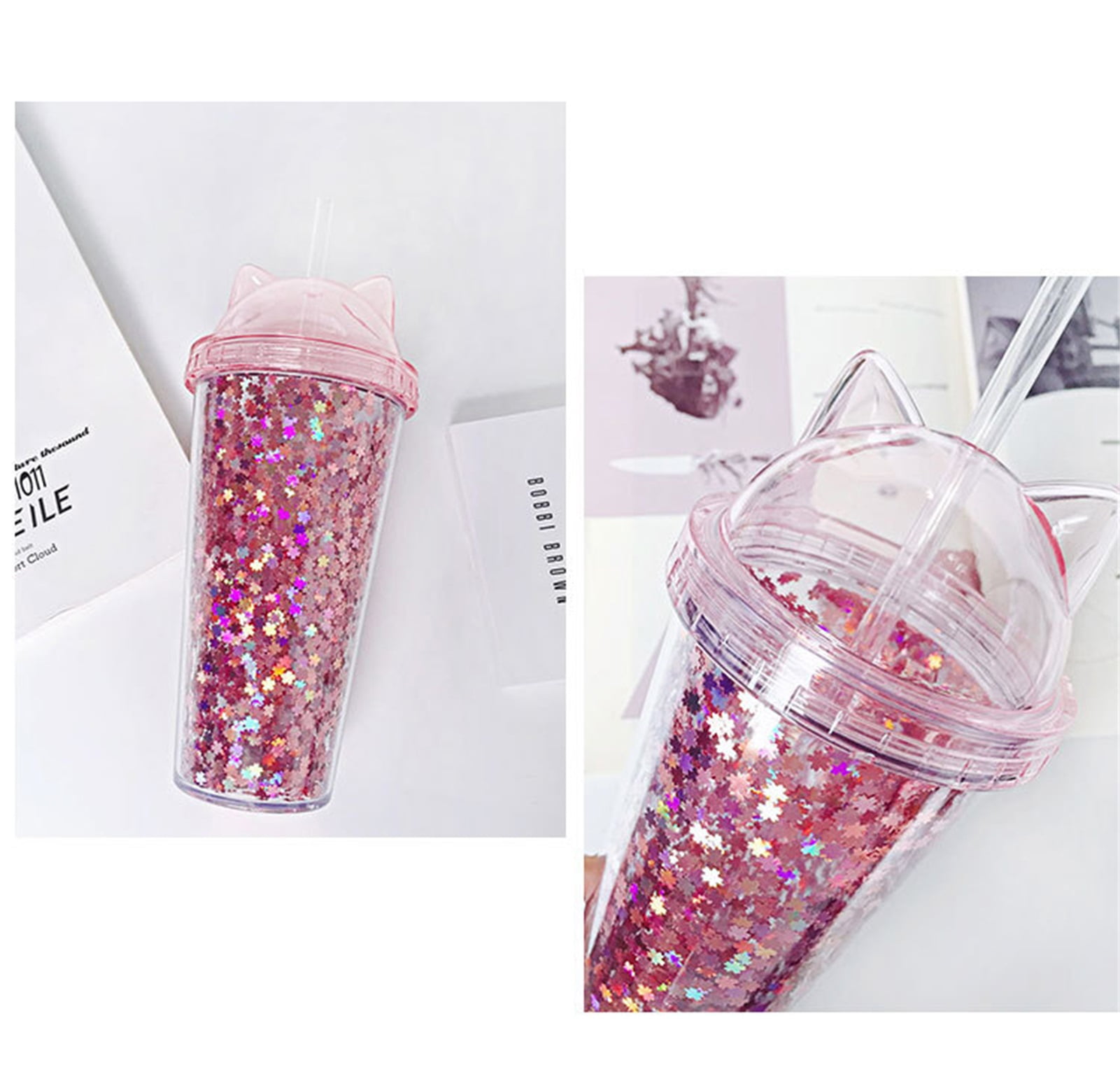 Cat Glitter Acrylic Tumbler with Straw, Pink, 16 Ounces