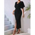 thumbnail image 6 of Olabelle Womens Metallic Faux Wrap Cocktail Dress Solid Color V-Neck Pleated High Slit Short Sleeve Midi Dress, 6 of 7