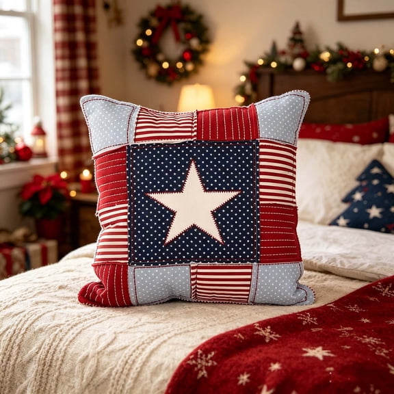 Njoeus 4th of July Patriotic Star Throw Pillow 14x14 Inch,Flag Patchwork Decorative Cushion for Sofa Couch,Brings Cozy Comfort and Festive Spirit to Your Independence Day Living Room