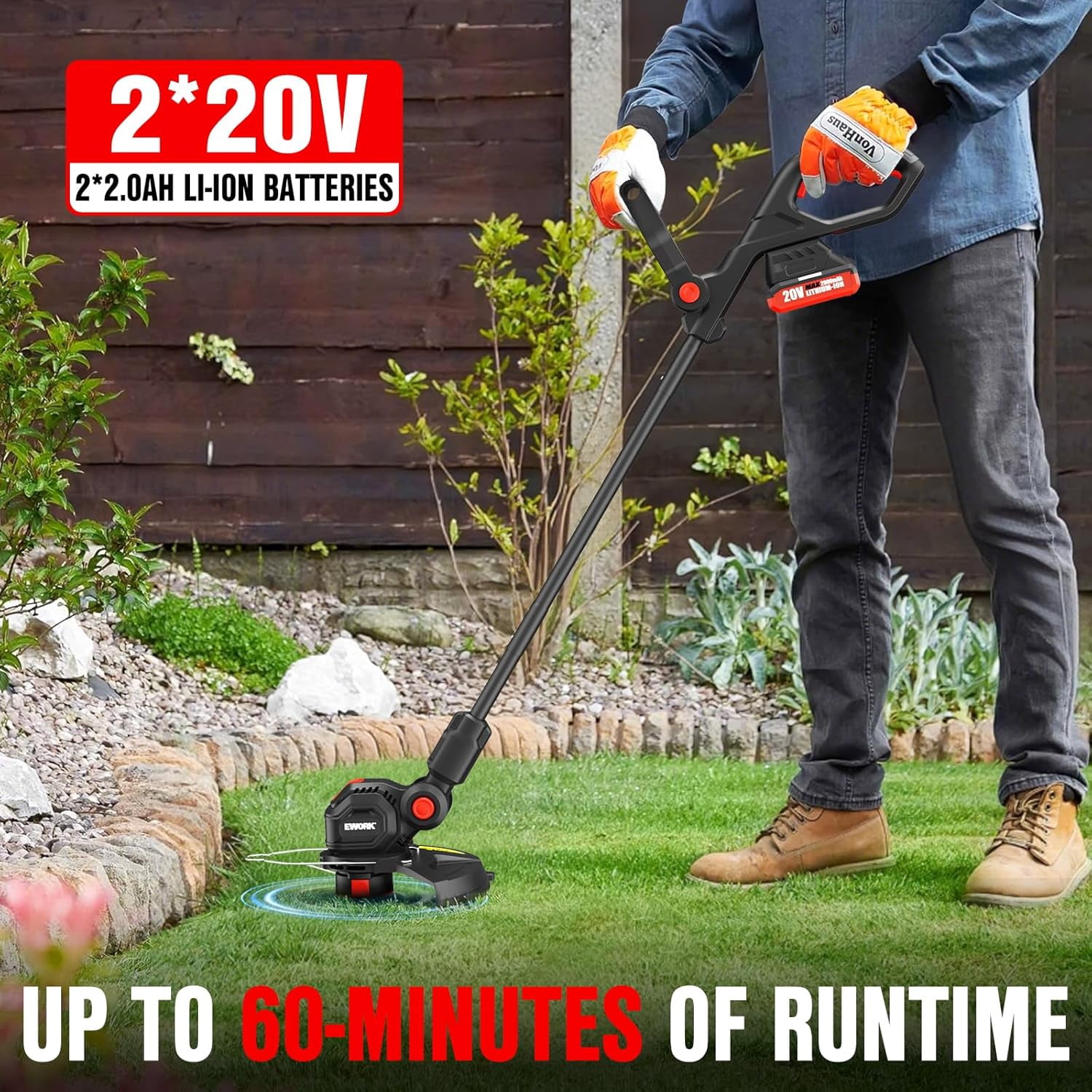 EWORK 20V Cordless Weed Wacker, 12-Inch Battery Powered Weed Eater Electric String Trimmer, Includes 2 x 2.0 Ah Batteries, Fast Charger and 6 Replacement Spool Lines, Grass Edger for Lawn Yard Cuttin