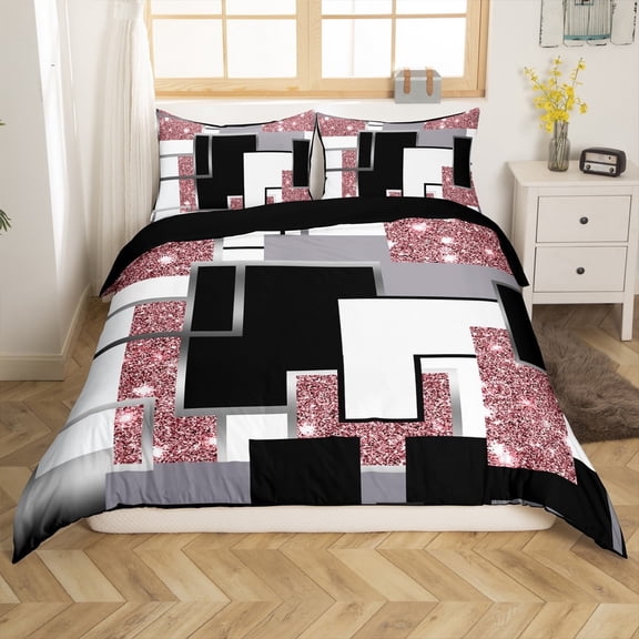 Pink Black Grey Full Comforter Cover,Abstract Geometric Bedding Set Glitter Sequins Checkered Duvet Cover Quilt Cover Room Decor(No Comforter)