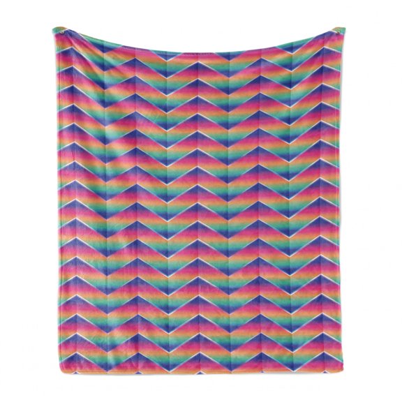 Colorful Soft Flannel Fleece Blanket, Triangular Shapes with Retro Funky Zigzag Patterns in Rainbow Colors Abstract Art, Cozy Plush for Indoor and Outdoor Use, 60" x 80", Multicolor, by Ambesonne