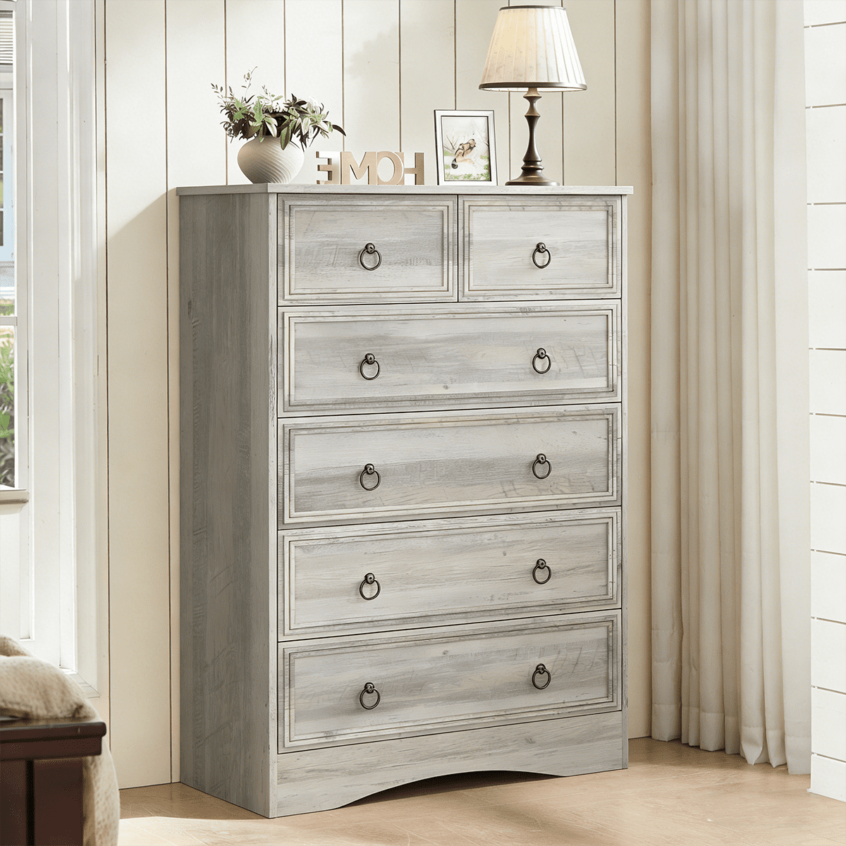 Meteorleg Farmhouse 6 Drawer Dresser, Grey Chest of Drawers, 48" Tall Dressers for Bedroom, Rustic Wood Storage Organizer for Living Room, Hallway, Closet