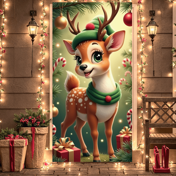 Decorative Reindeer Christmas Banner Cartoon Design Cute Deer Festive Gifts Holiday Decoration for Winter Party Indoor Celebration Holiday Gathering