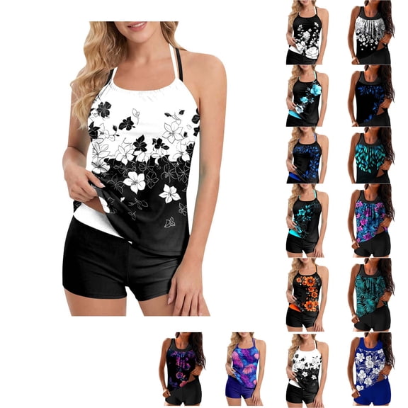 Thousandth Women's 2-Piece Tankini Swimsuits Loose Fit Floral Print Blouson Top with High Waisted Shorts Modest Tummy Control Bathing Suit Summer Beachwear