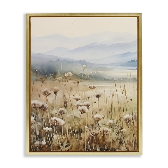Stupell Industries Rustic Lodge Meadow with Foggy Mountains Gold Floating Frame Canvas Art, 17 x 21, by Petals Prints Design