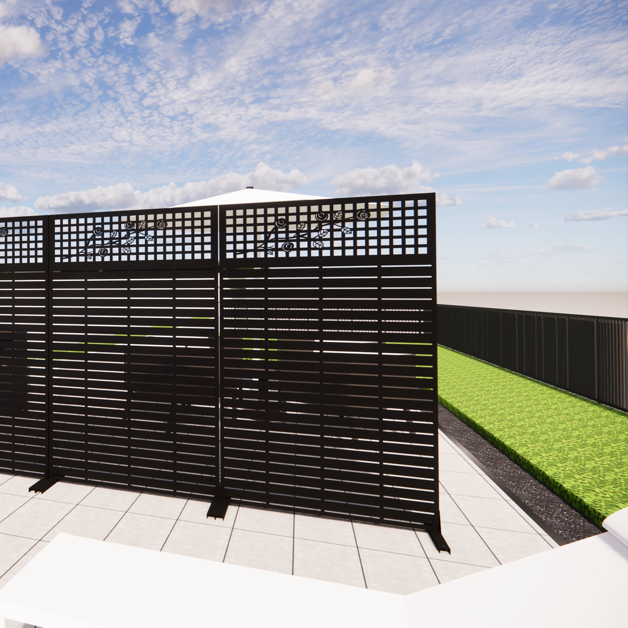 Mintazer 72" H Metal Privacy Screen with Rose Pattern, Outdoor Patio Privacy Fence Room Divider, Black