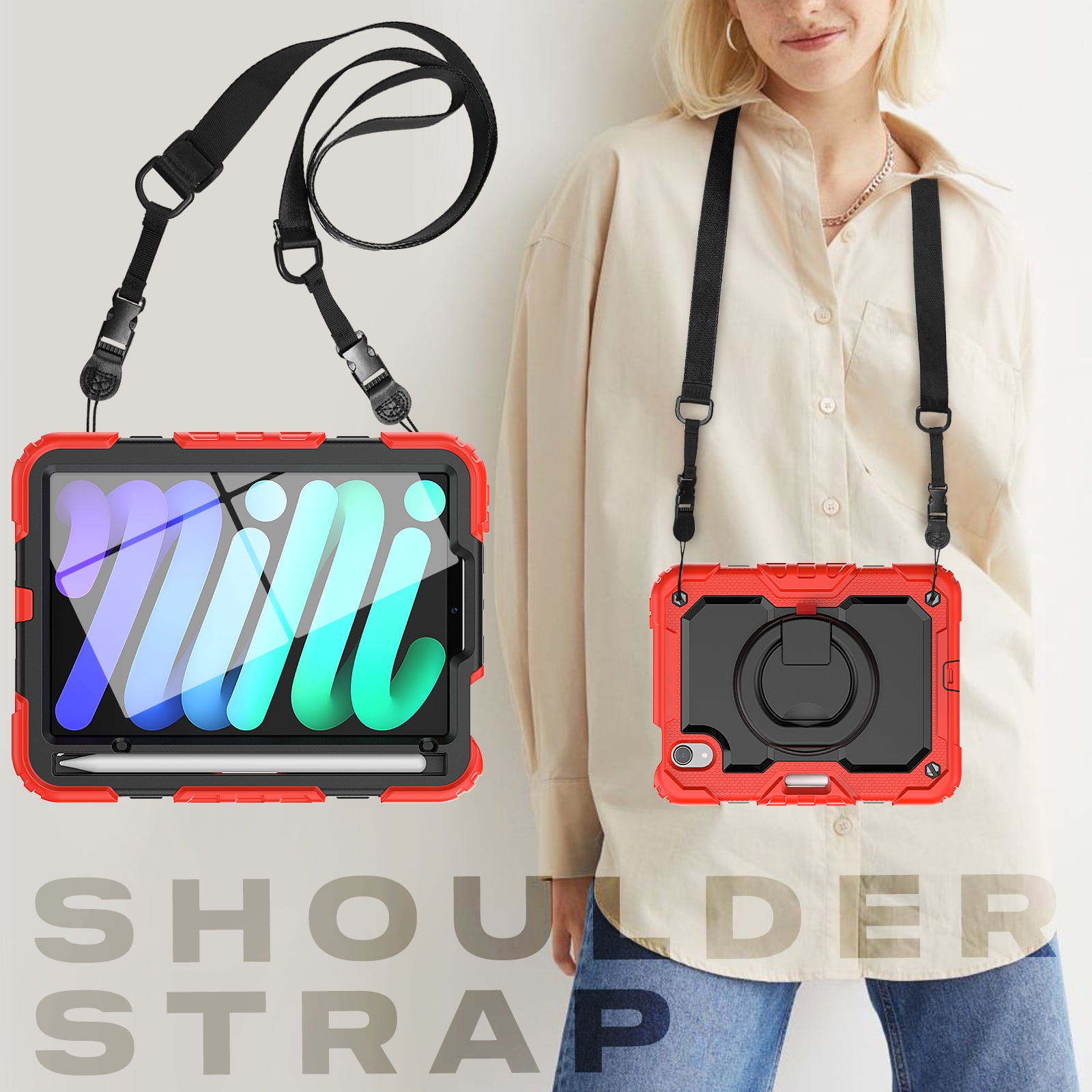 iPad Mini 6 Case 2021, Dteck 360 Rotating Heavy Duty Shockproof with Rugged Stand Pencil Holder for Kids Case for iPad Mini 6th Generation 8.3 Inch - Shoulder Strap, Screen Protector, Red