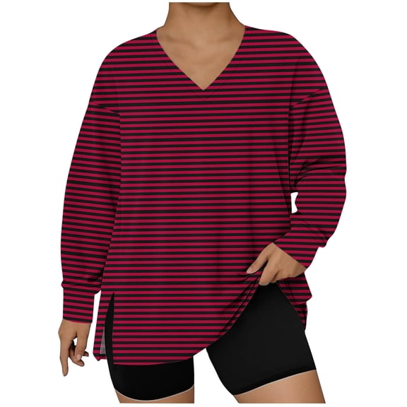 Plus Size Tops for Women Long Sleeve Plaid Print V Neck Lightweight Sweatshirt Side Split L-5X Loose Casual Shirts (XL, Red-Stripes)