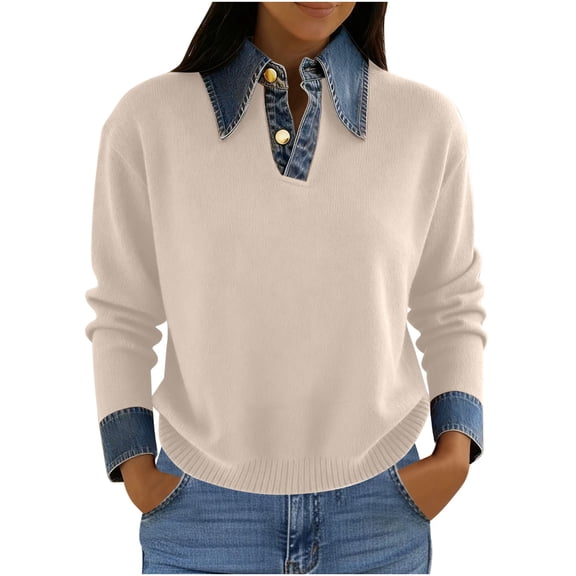 FAVIPT Womens Cozy Long Sleeve Sweater 2 in 1 Denim Patchwork Shirts Fall Oversized Lapel Button Up Knit Tops Khaki,Free Size
