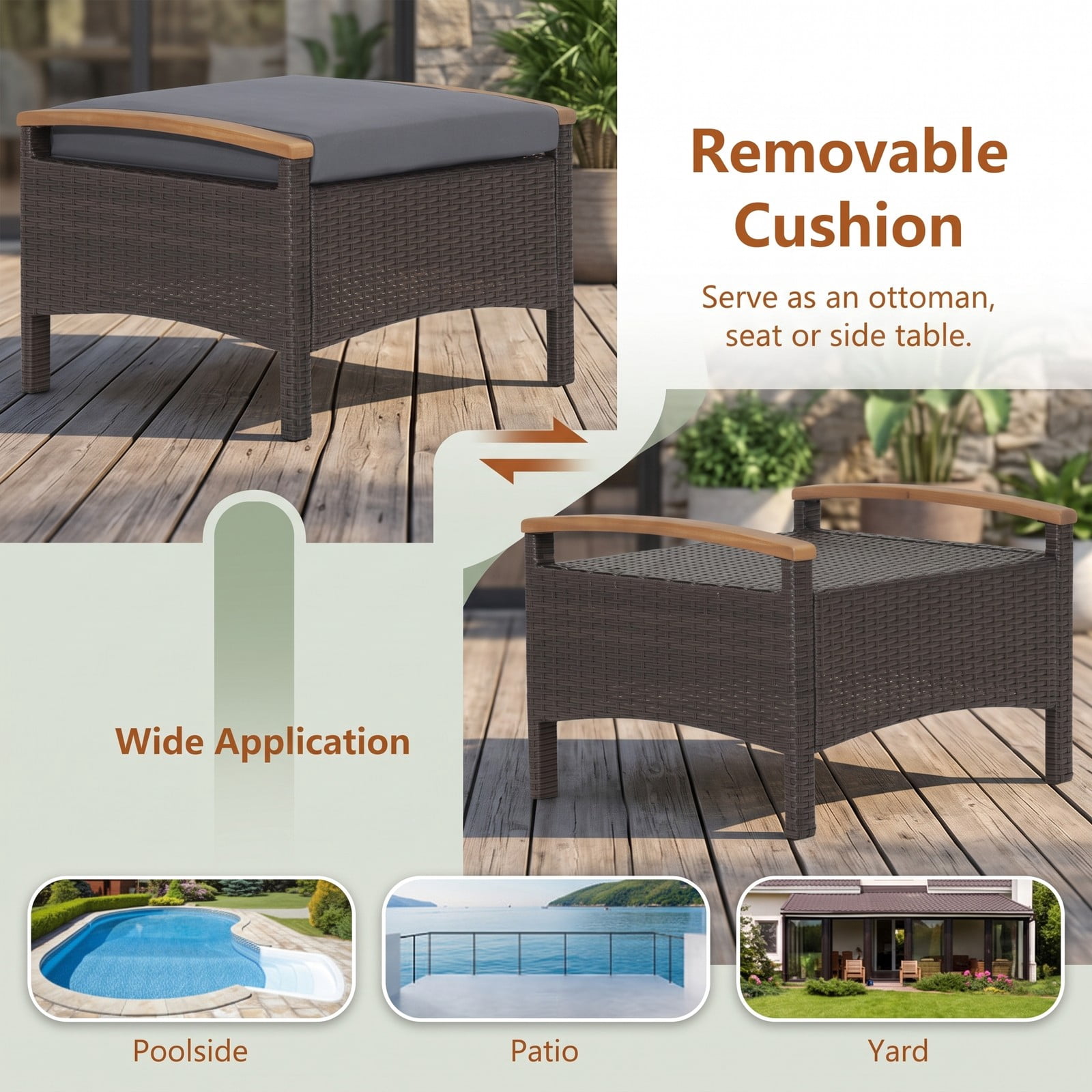 Furnibear Set of 2 Fade-Resistant PE Wicker Patio Ottomans with Cushions and Wood Handles for Outdoor Foot Rest and Extra Seating, Gray