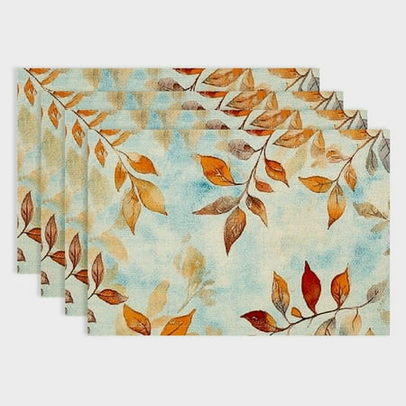 

Shiartex Leaves Theme 4pcs Linen Table Placemat Set for Dining Kitchen Restaurants Hotels - Heat Resistant Stain Resistant Insulated 18x12in
