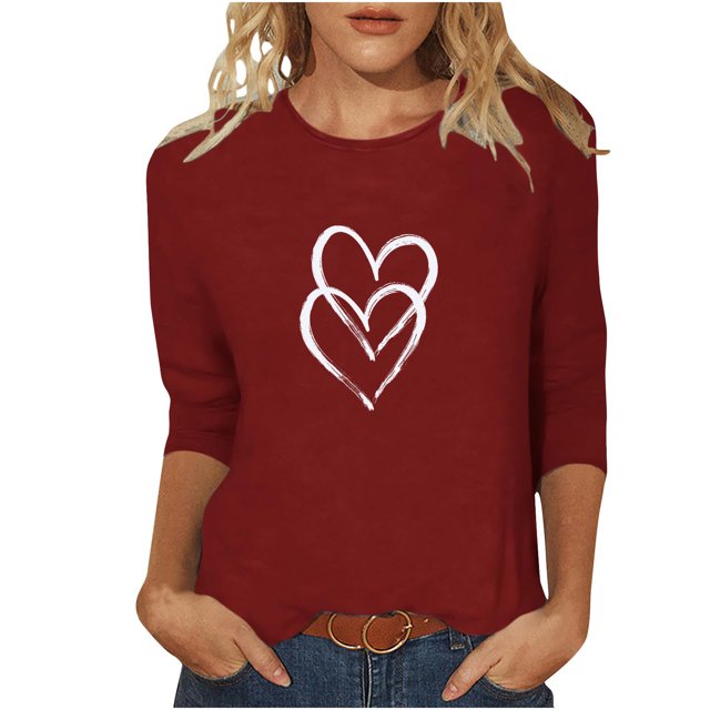 Plebaso Hauts Cœur pour Femmes Manches 3/4 Col Rond T-Shirts Décontractés Imprimé Chandail Femmes 2025 Tee Blouses