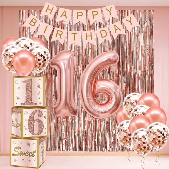 Happy Greetings Sweet 16 Party Decorations Kit for Girls, Rose Gold 16th Birthday Boxes, Balloon, Birthday Banner & Party Supplies Set for Women - 44 PCS