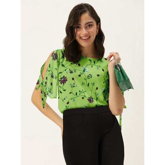 DressBerry Women's Rayon Slub Round Neck Top Casual Summer Knot Cuff Split Sleeves Printed Cold Shoulders Western Style High Waist Light Weighted Blouse