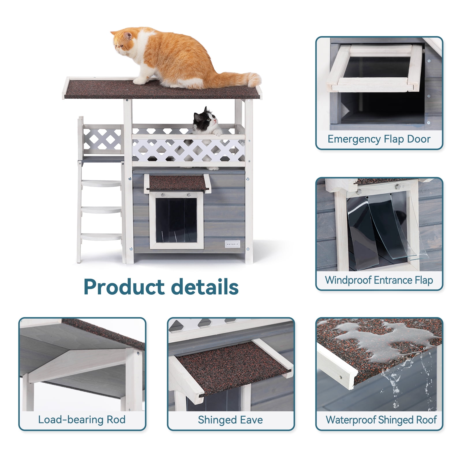 Petsfit Two-Story Outdoor Cat House with Asphalt Roof & Escape Door, Gray