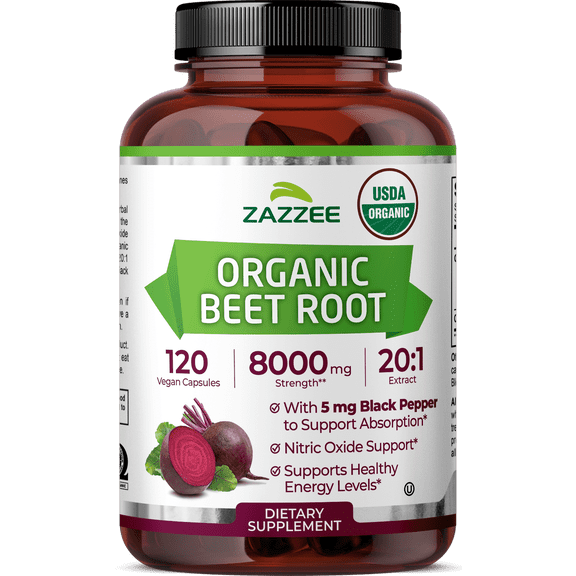 Zazzee USDA Organic Beet Root 20:1 Extract 8000 mg – 120 Vegan Capsules – Supports Nitric Oxide Production & Energy – Non-GMO • Kosher • Made in USA