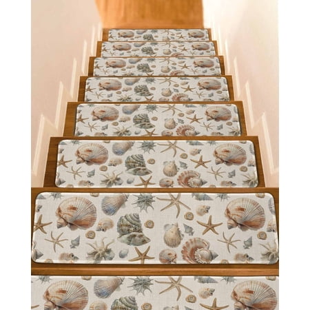 Seashell Coastal Stair Treads for Wooden Steps Indoor Runner Rug Carpet Summer Beach Ocean Starfish Burlap 7 Pieces Peel and Stick Staircase Step Treads Covers Washable Throw Door Mats 30 x8
