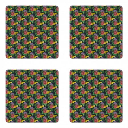 

Floral Coaster Set of 4 Tropical Themed Pattern of Jungle Leaves and Colorful Flowers Square Hardboard Gloss Coasters Standard Size Multicolor by Ambesonne