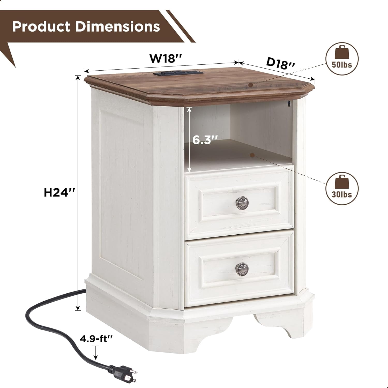 OKD 2-Drawer Nightstand with Charging Station, Farmhouse End Table with USB Ports for Living Room or Guest Room, Antique White