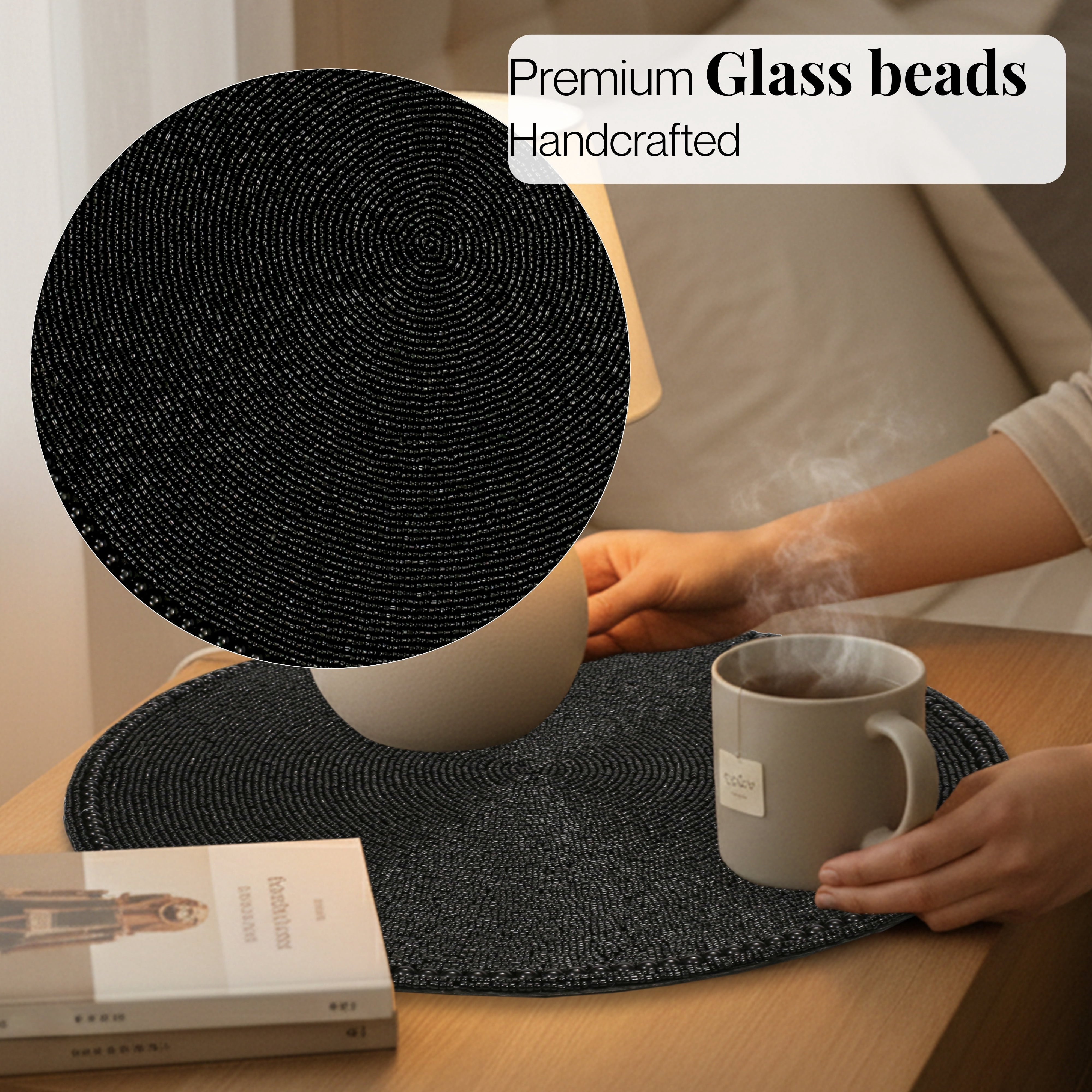 Pack of 1 Handcrafted Glass Beaded Placemats - Elegant Round Table Mats for Dining Décor (Jet Black)