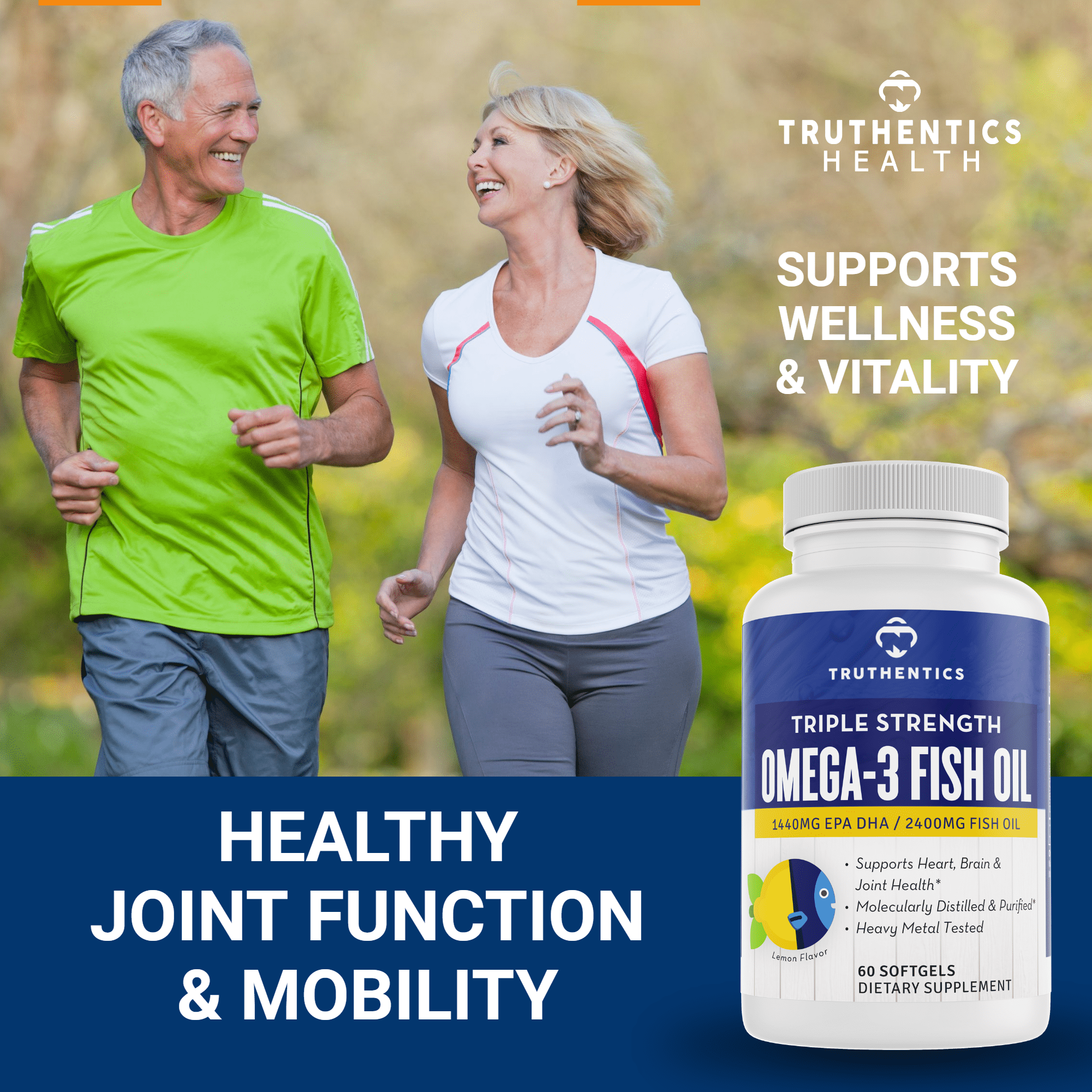Truthentics Omega 3 Fish Oil 2400 mg - Triple Strength - 100% Pure - Sea-Harvested - High EPA DHA Omega Fatty Acids - 60 Lemon Softgels