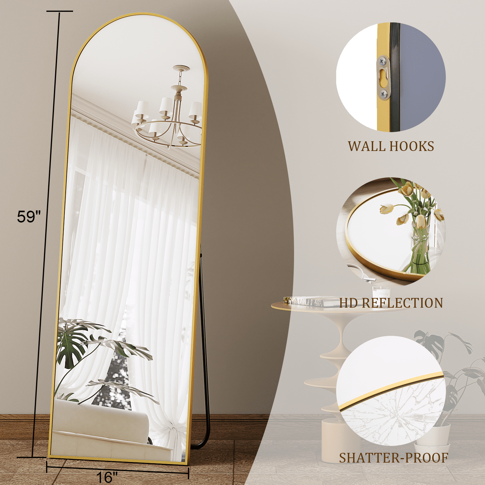 AUROMIR 16"x59" Arched Full Length Mirror Full Body Free Standing Floor Mirror, Gold