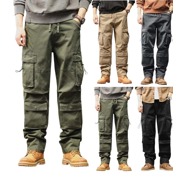 FRSASU Men's Pants Work Pants Water Resistant Hiking Drawstring Elastic Waist Cargo Pant with Flap Pocket Khaki