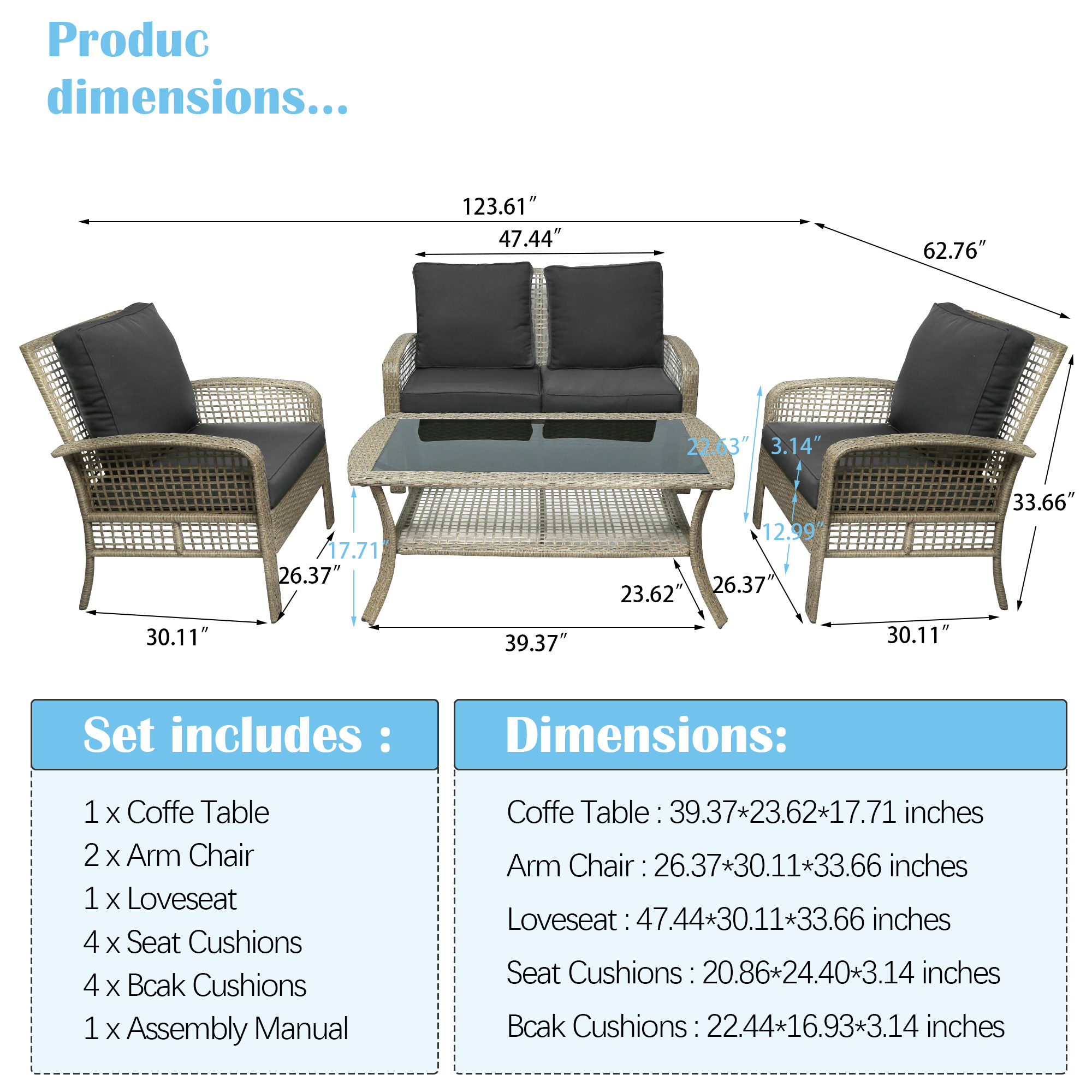 SEGMART Outdoor 4 Pieces Patio Furniture Sets with Glass Table, Wicker Chair Conversation Set for Outside, Deck Patio Furniture Sets with Cushion for Garden Poolside, Grey, SS2168 - image 3 of 8