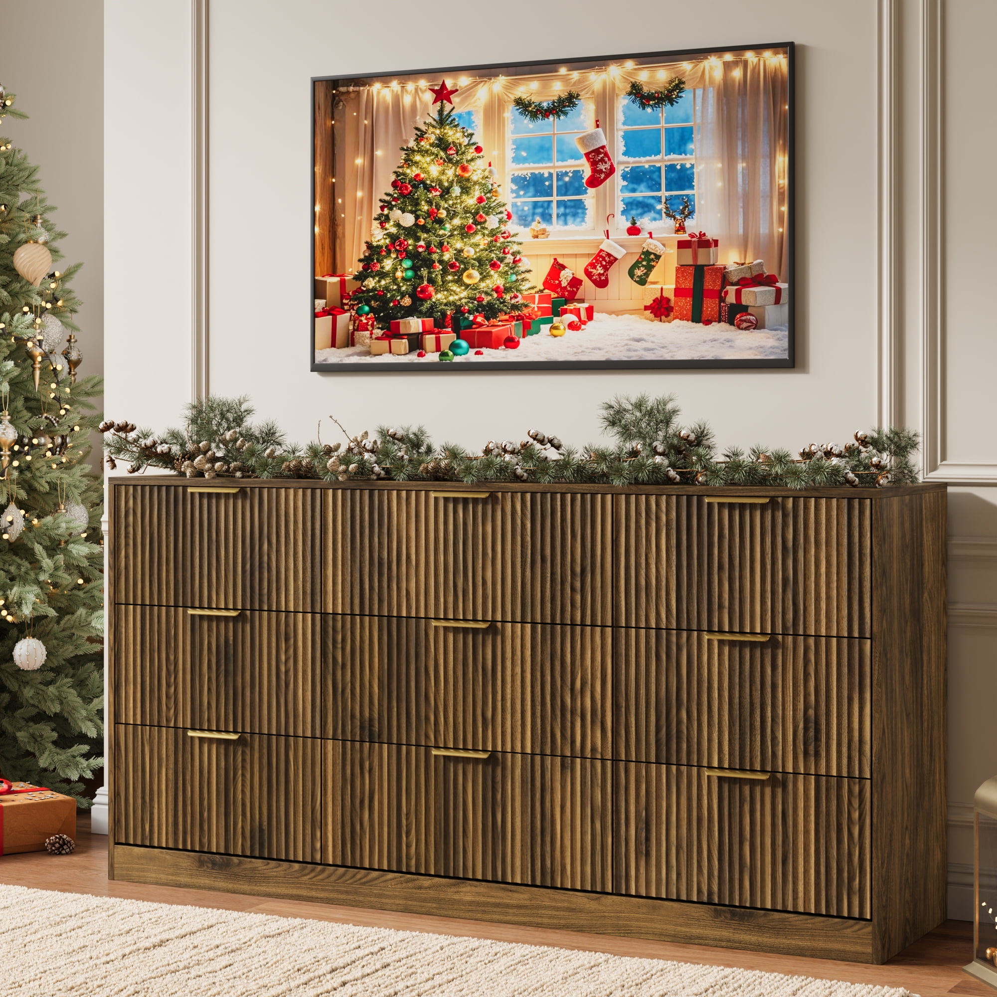 YouTrend 9 Drawer Dresser with for Bedroom,Modern Fluted Wood Chest of Drawer with Golden Embedded Handles for Living Room,Hallway