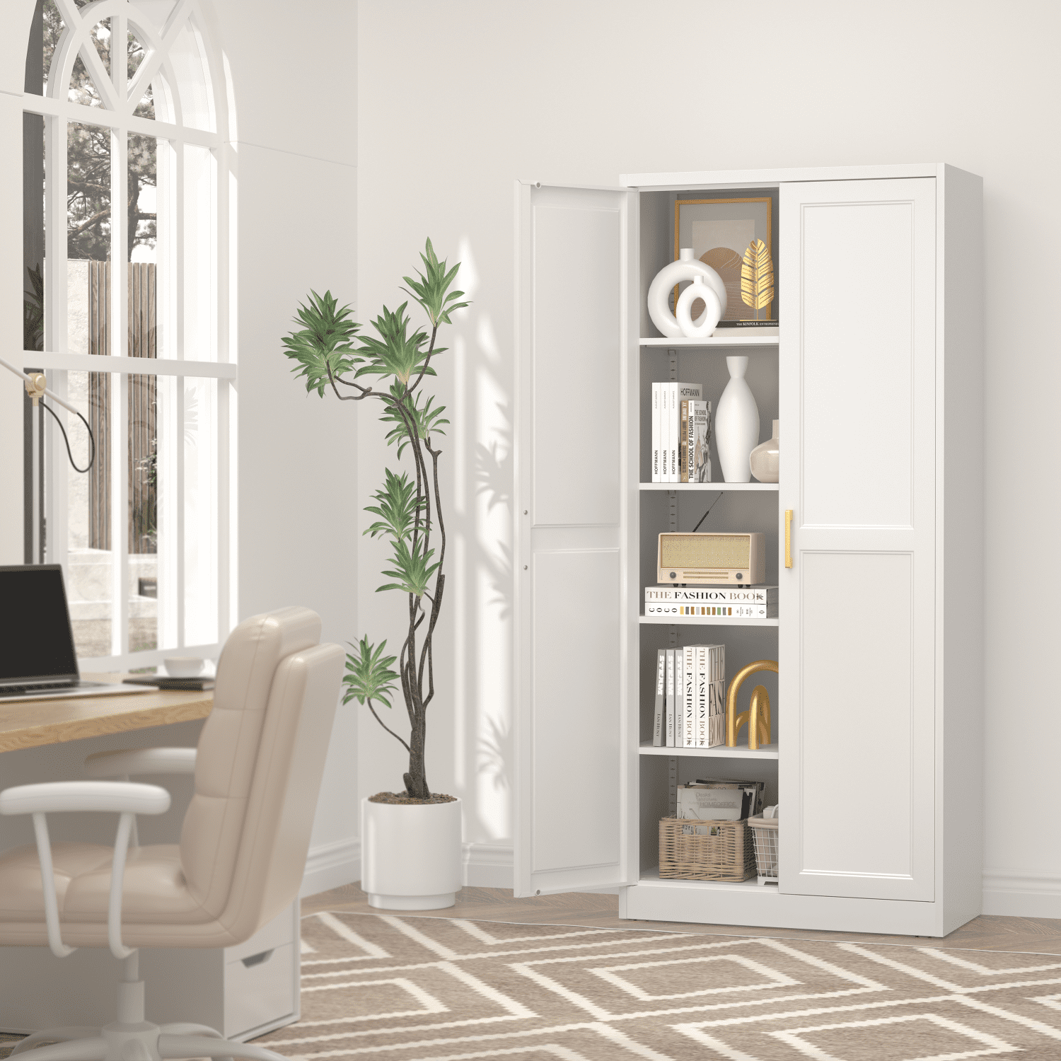 Polup 71" Height Metal White Storage Cabinet, Modern Tall Steel Pantry Cupboard with 2 Doors and Adjustable Shelves for Kitchen Garage and Home