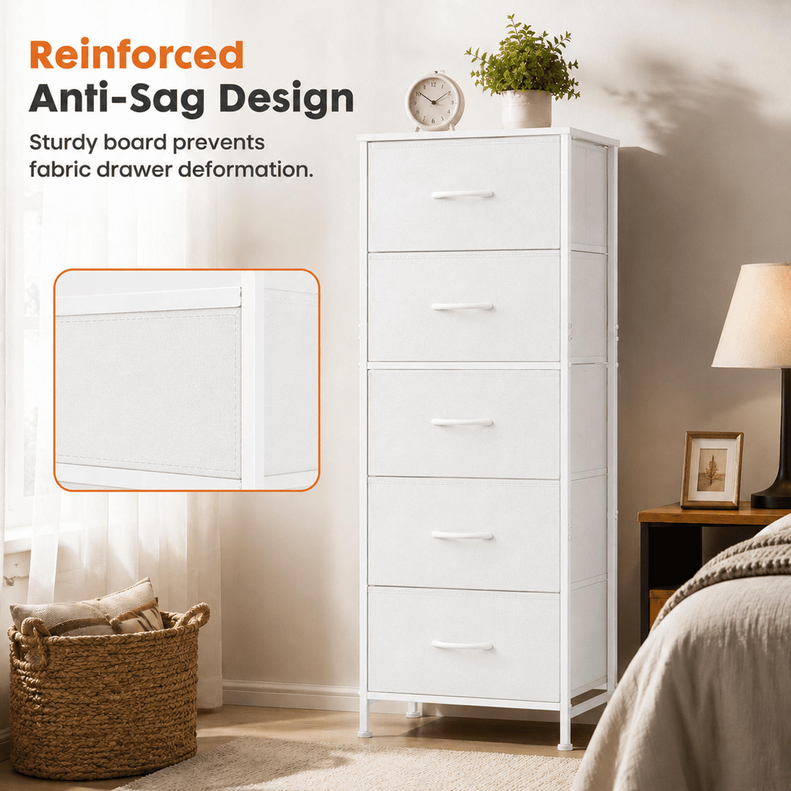 Alvantor Tall Dresser for Bedroom with 5 Drawers, Vertical End Table and Nightstand for Bedroom, Storage Organizer Chest of Drawers with Removable Fabric Bins